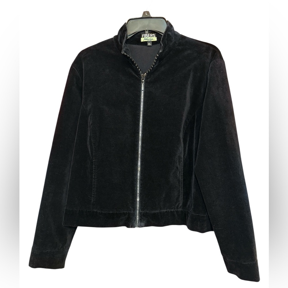 Vintage FIBERS Barbara Lesser Black Velvet Rhinestone Zipper Jacket Size XL